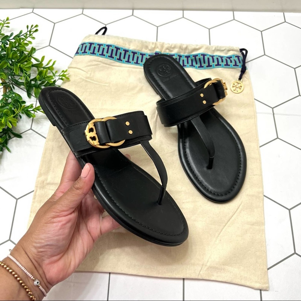Tory Burch Marsden Flat Thong Sandal 7 black with gold buckle.